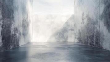 Ethereal concrete architecture featuring stark walls and a bright, cloud-filled opening, evoking minimalist design and serene space. photo