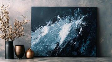 Moody abstract ocean art with flowing shades of blue and white conveys a sense of depth and movement against a textured gray backdrop. photo