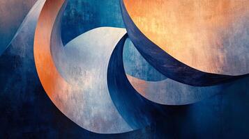 Abstract curves interplay in a textured canvas of blues, orange, and white, creating a dynamic and artistic composition with depth. photo