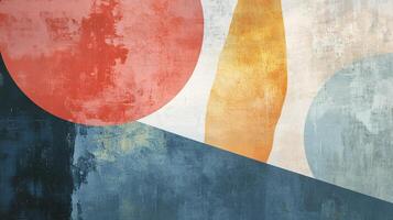 Abstract geometric art in circles, elongated oval, and triangle shapes in red, blue, yellow, on an off white textured background. photo