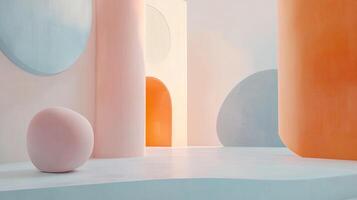 A minimalist room with pastel geometric shapes casts soft light, creating a peaceful and dreamlike atmosphere. Serene and calming. photo