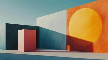 Minimalist architecture composition featuring geometric shapes and vibrant colors, accented by sharp shadows under a clear sky. photo