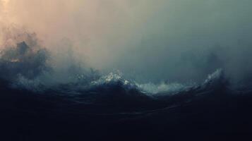 Turbulent ocean waves rise dramatically, their dark forms merging into a misty horizon, evoking feelings of nature's power and mystery. photo