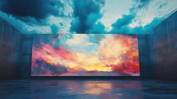 Abstract painting with vibrant colors, reminiscent of a sunset sky, inside a concrete structure, creating a striking contrast. photo