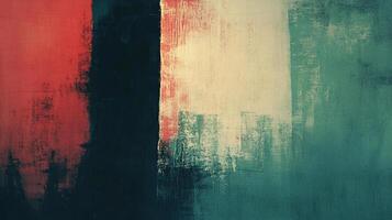Abstract expressionist art with bold red, black, white, and teal vertical blocks of color creating depth and texture. Contemporary artwork. photo