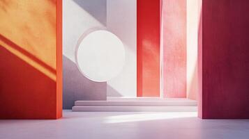 Abstract minimalist design with bold colors and geometric shapes, casting shadows in a serene architectural setting. Light and shadow play. photo
