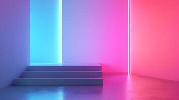 Abstract presentation space with cyan doorway, pink wall, and illuminated accents creating a modern, minimalist background. photo