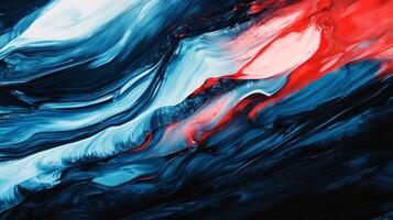 Abstract painting showcasing dynamic strokes of cool blue, white, and fiery red hues, creating a mesmerizing and fluid visual effect. photo