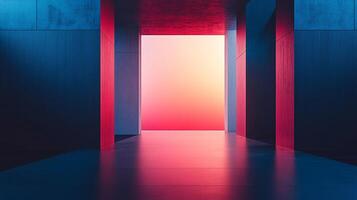 Architectural space featuring concrete pillars with contrasting pink sunset hues and blue shadows, creating a modern, minimalist aesthetic. photo