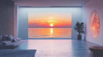 Minimalist room with ocean sunset view, illuminated by colorful light and accentuated by decor creating a serene atmosphere. photo