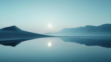 Serene landscape with mirrored reflection of mountains and a glowing sun, creating a tranquil and ethereal scene. photo