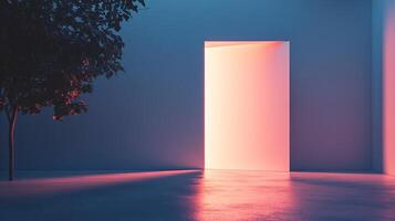 Illuminated doorway contrasts dark tree, creating a captivating visual harmony. Modern architecture meets nature in an abstract setting. photo