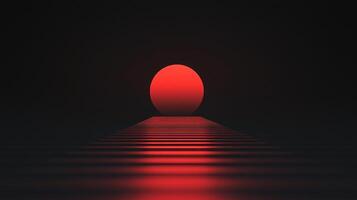 A striking red sphere hovers above a linear plane, bathed in red light against a dark backdrop, creating a surreal, minimalist landscape. photo