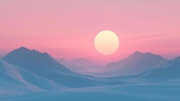 Sunset over mountain range creates a serene view with pastel colors. The landscape is simple, calming, and peaceful. photo