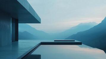 Minimalist structure with tranquil infinity pool overlooking a stunning mountain vista. A serene architectural masterpiece. photo