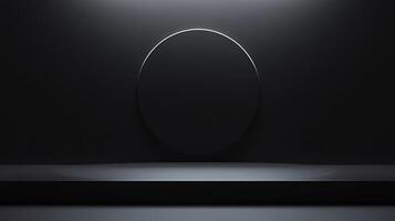 Monochromatic minimalist background featuring a circular graphic element against a dark wall, accented by subtle lighting and platform. photo