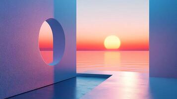 Abstract view of a vivid sunset sky and ocean with a cutout and platform, creating a surreal and serene atmosphere. Aesthetic. photo