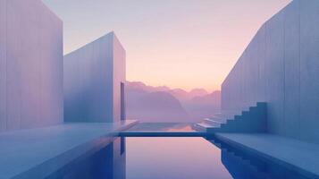 Geometric Architecture and mountain scenery. Serene pastel colors create a tranquil mood. The building reflects off the clear surface. photo