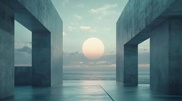 Concrete structures frame a serene ocean sunset, creating a minimalist and architectural perspective. A soothing and contemplative scene. photo