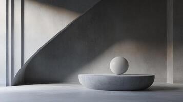 Minimalist display with neutral tones features a smooth sphere atop a curved platform, bathed in soft, angular light in a simple setting. photo