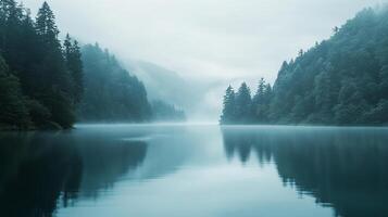 A tranquil mountain lake reflects the misty, forested hillsides under a serene sky. Mist hangs low, creating a peaceful atmosphere. photo