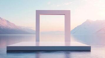 Minimalist frame on a platform, snowy mountains and lake in the background. Serene and calm, perfect for displays and presentations. photo