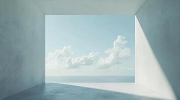 A minimalist space overlooks a serene ocean and expansive sky, creating a peaceful and contemplative view from within the structured architecture. photo