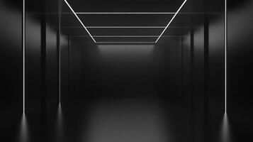Sleek, modern hallway illuminated by geometric lighting, creating a sense of depth and minimalist design in monochromatic space. photo
