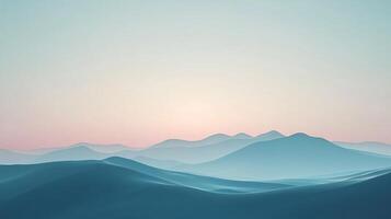 Serene blue mountain range stretches to the horizon, creating a calming and majestic landscape in a minimalist, soft aesthetic. photo