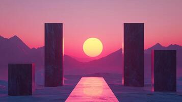 Surreal landscape with marble blocks, a reflective path, mountains, and a vibrant sunset, creating a dreamy and otherworldly atmosphere. photo