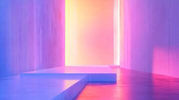 An ethereal space bathed in a gradient of vibrant light with a platform, creating a mesmerizing and surreal ambiance. photo