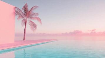 A tranquil oceanside vista featuring a stylized pink palm tree next to pool wall and a pastel colored sky reflecting on the calm sea. photo