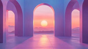 Arched gateways frame a serene vista of mountains under a pastel sky, the sun setting and casting a tranquil glow in a dreamlike setting. photo