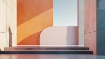Minimalist architectural setting with colorful walls and steps, enhanced by sunlight creating shadows and visual interest. photo