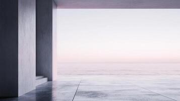 Minimalist concrete structure framing a serene ocean view, capturing a sense of calm and openness with a soft, ethereal atmosphere. photo
