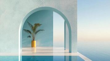 Peaceful scene with archway overlooking the sea, a potted plant inside, and a pool, creating a tranquil, architectural coastal view. photo