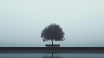 Solitary tree standing on a dark platform against a hazy sky. Its reflection shimmers on the wet surface creating a serene, minimalist scene. photo