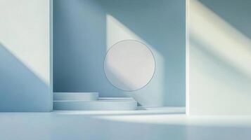 Abstract pale blue architectural set with light and shadow play highlighting a circular wall feature above two platform steps. photo