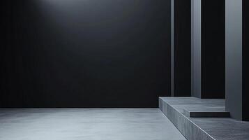 Minimalist architectural interior with concrete platform and dark backdrop creating a sense of space and depth, clean lines and modern design. photo