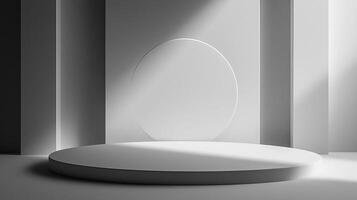 Monochrome presentation stage with geometric elements and bright lighting, ideal for showcasing products or designs in a minimalist way. photo