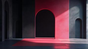 Abstract architectural design with contrasting colors and arched doorways creates a modern, minimalist, and visually striking composition. photo