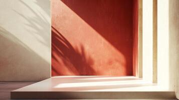 Minimalist architecture with a red accent wall and shadows from foliage creating a warm and inviting atmosphere. photo