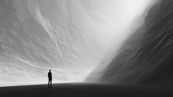 Solitary figure stands before vast mountainscape, engulfed in soft light, rendered in monochrome. Journey into the unknown landscape. photo