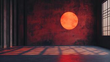 A crimson sun hangs on the concrete wall in a spacious room, where shadows cast geometric patterns, creating a striking contrast. photo