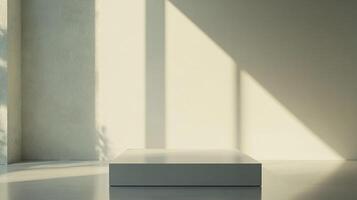 Minimalist stage bathed in sunlight. The square plinth stands ready for display, set against a stark but warmly lit backdrop. photo