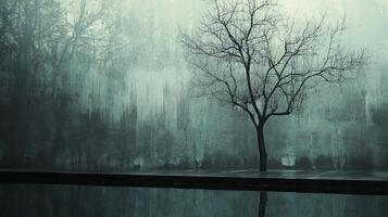A bare tree reflects in water against a misty, textured wall. The scene evokes a sense of solitude and contemplative stillness. photo