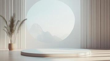 Minimalist display platform in a serene setting with soft lighting and a mountain view through a circular window. Ideal for showcasing products. photo