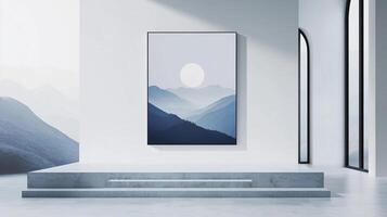 A serene mountain landscape in cool blue tones, depicted in a framed art print on a white wall, bathed in soft, diffused sunlight. photo
