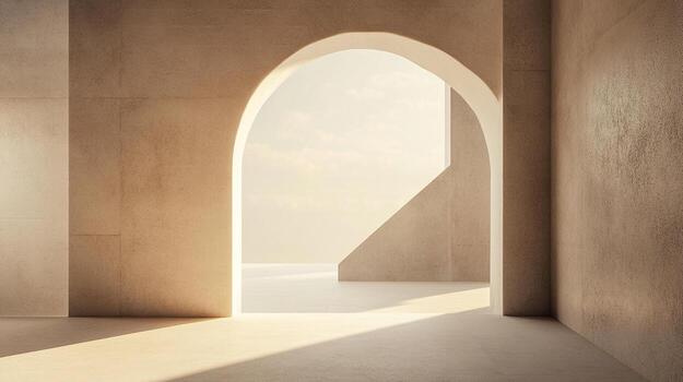 minimalista arquitectura presentando un arqueado puerta bañado en suave luz, creando un sereno y contemplativo atmósfera. ligero y sombra interacción. foto