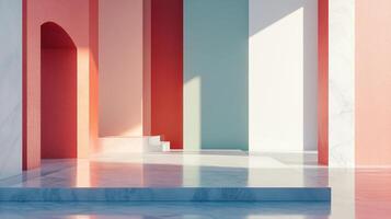 Abstract architectural space showcasing pastel hues, with a play of light and shadow on smooth, reflective surfaces. Minimalist and modern design. photo